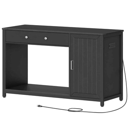 Black desk with a power cord on a white background