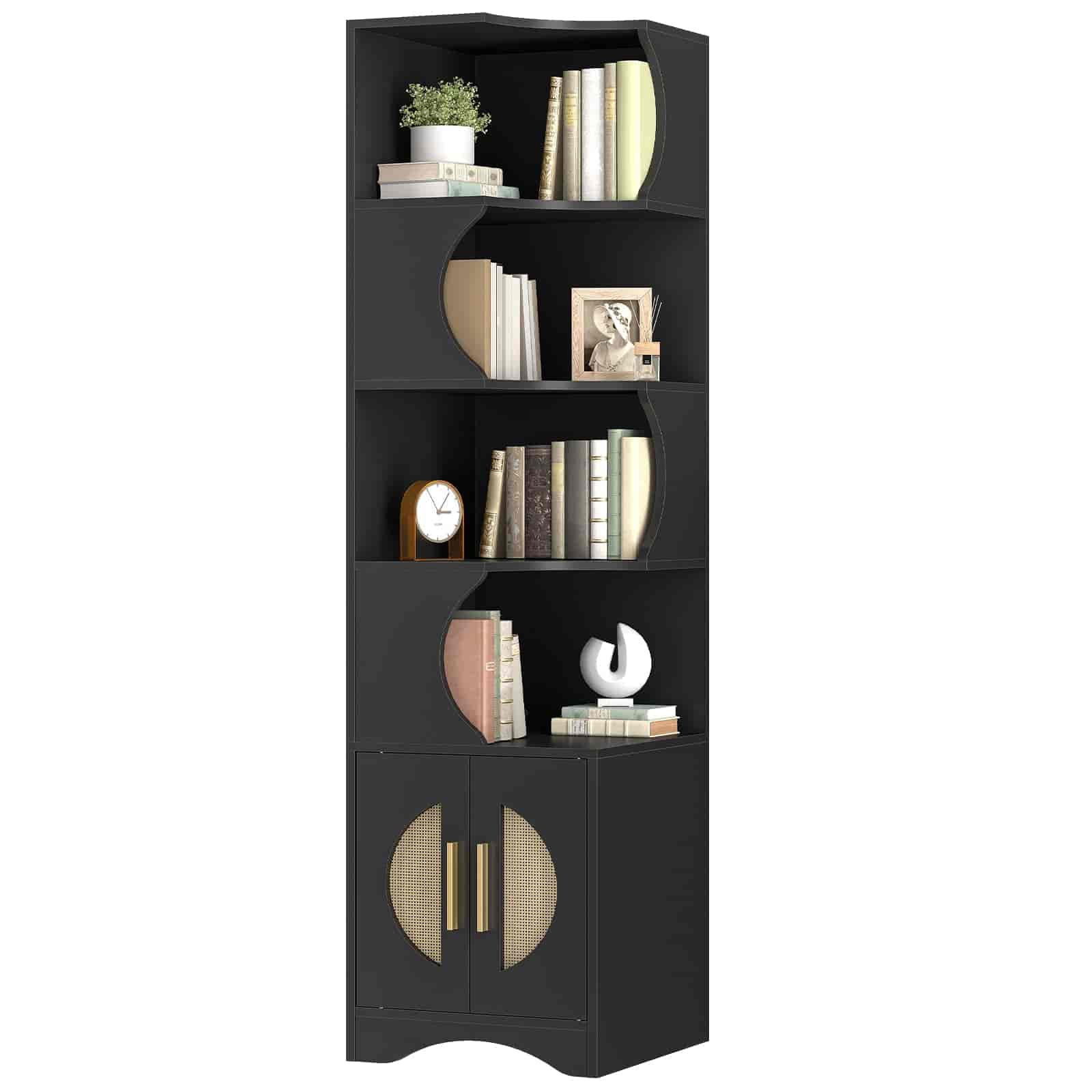 Black corner bookshelf with decorative items on a white background