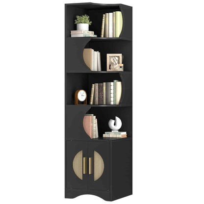 Black corner bookshelf with decorative items on a white background