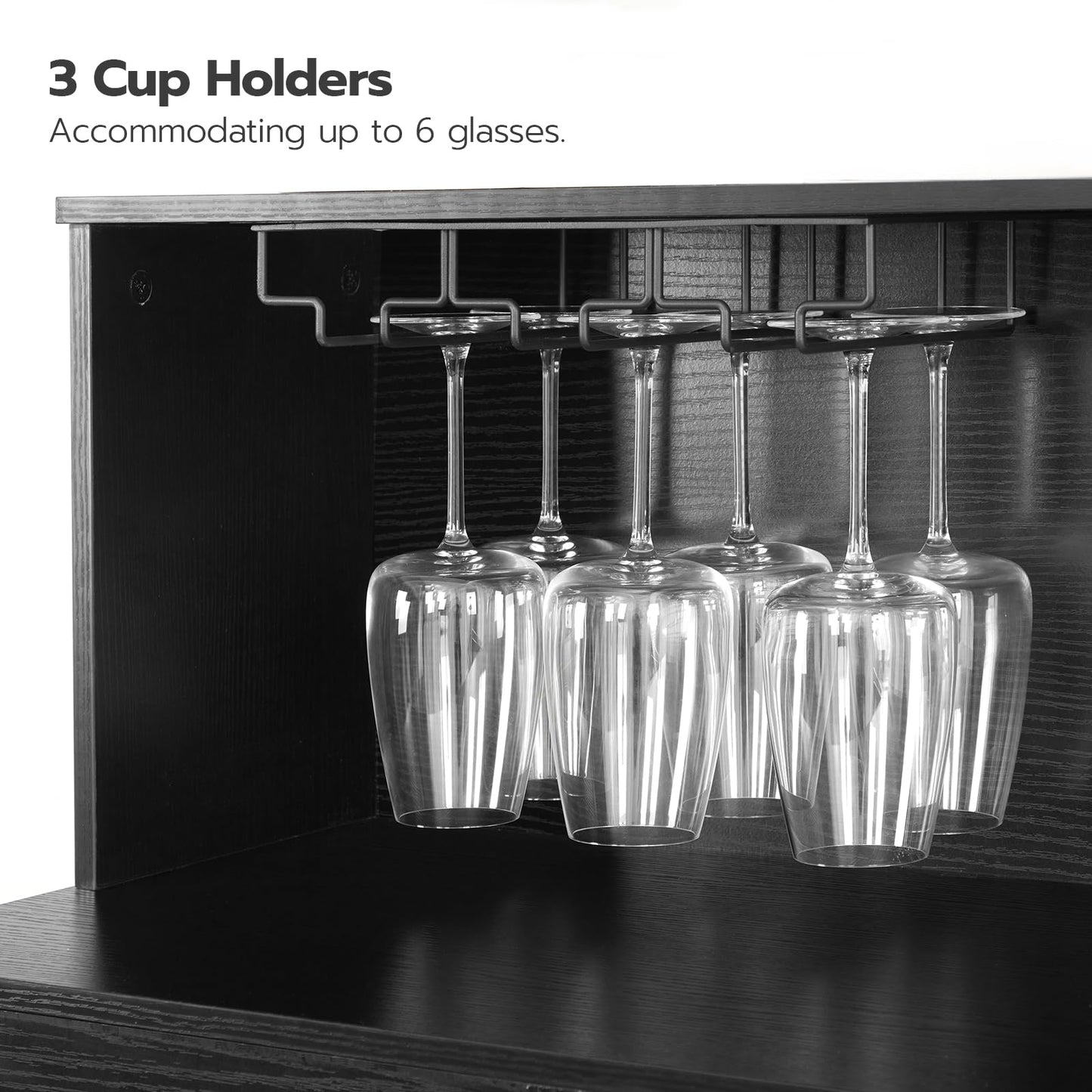 Under-cabinet wine glass holder with three cup holders accommodating up to six glasses.