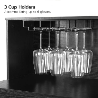 Under-cabinet wine glass holder with three cup holders accommodating up to six glasses.