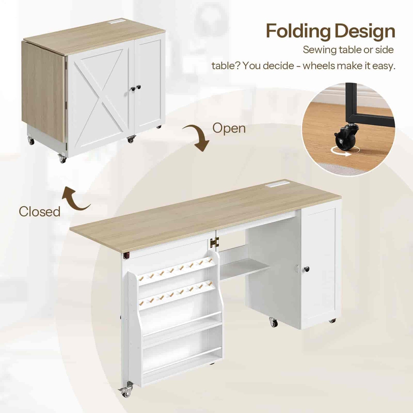 White sewing table with folding design, showing both open and closed states.