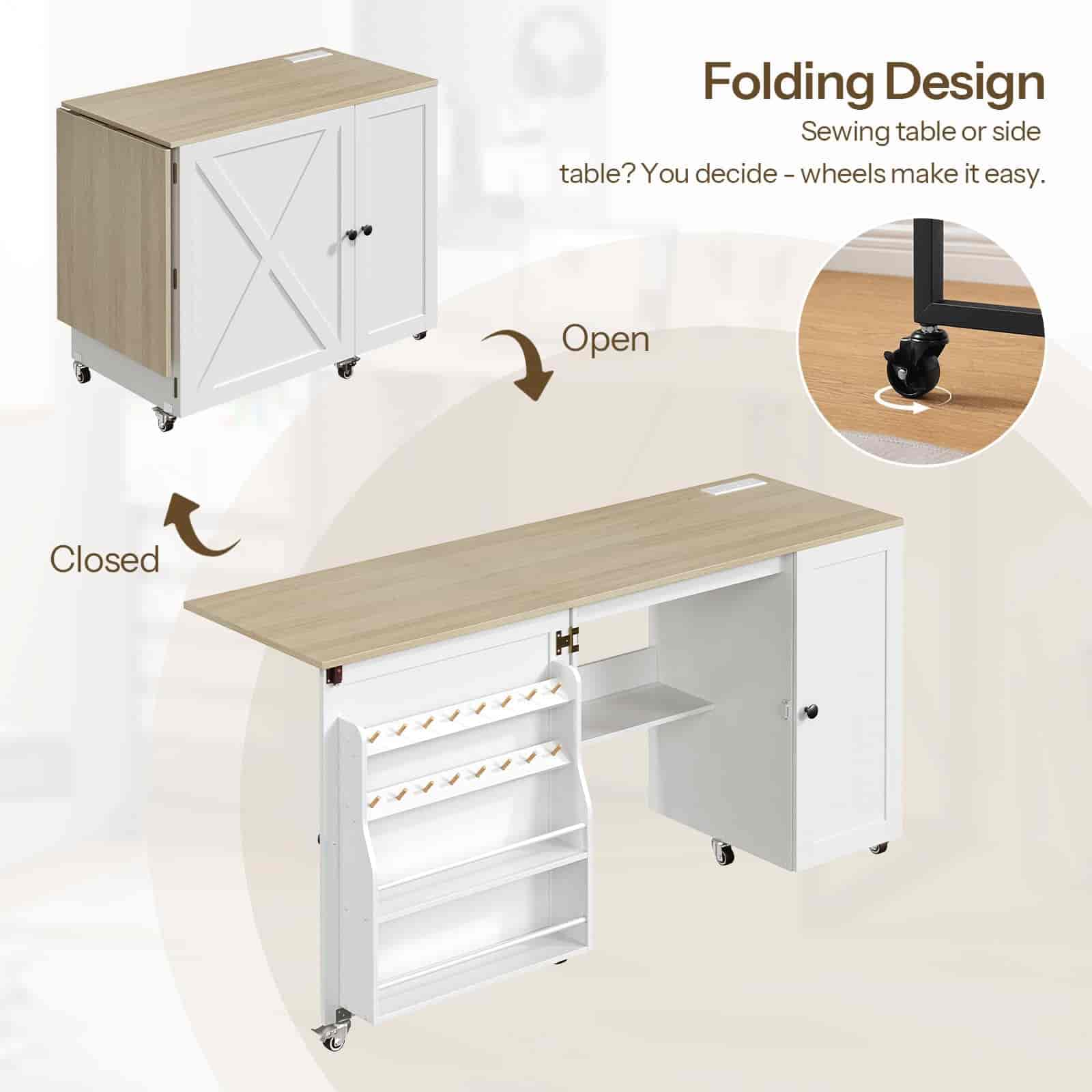 White sewing table with folding design, showing both open and closed states.