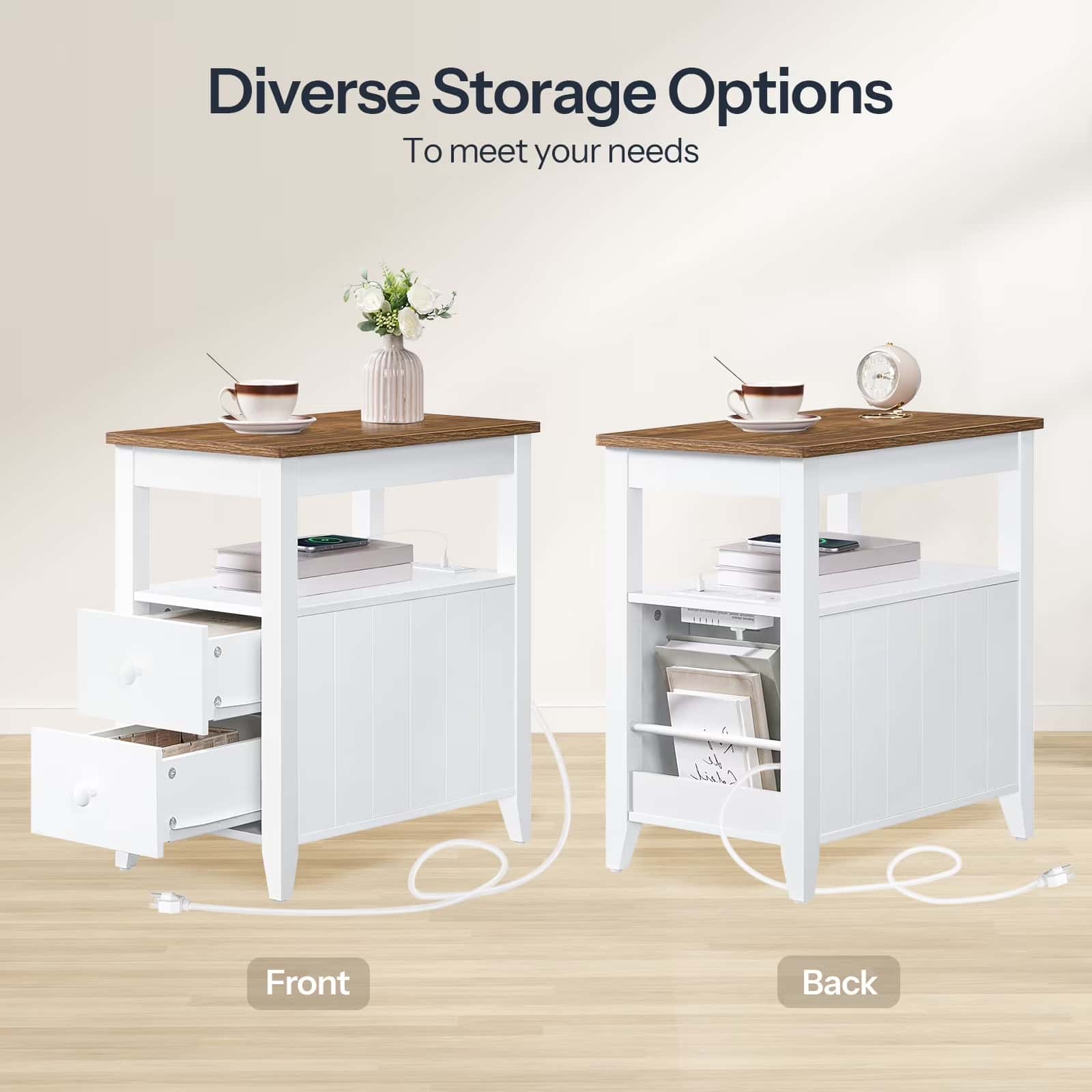 White storage table with wooden top, front and back views, on a light wood floor.