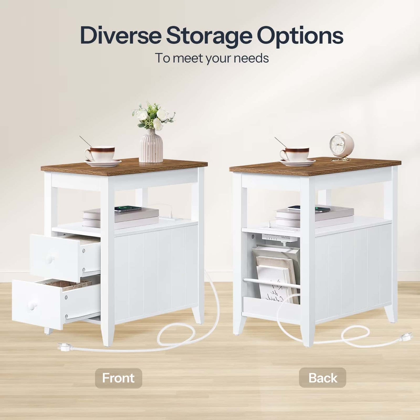 White storage table with wooden top, front and back views, on a light wood floor.