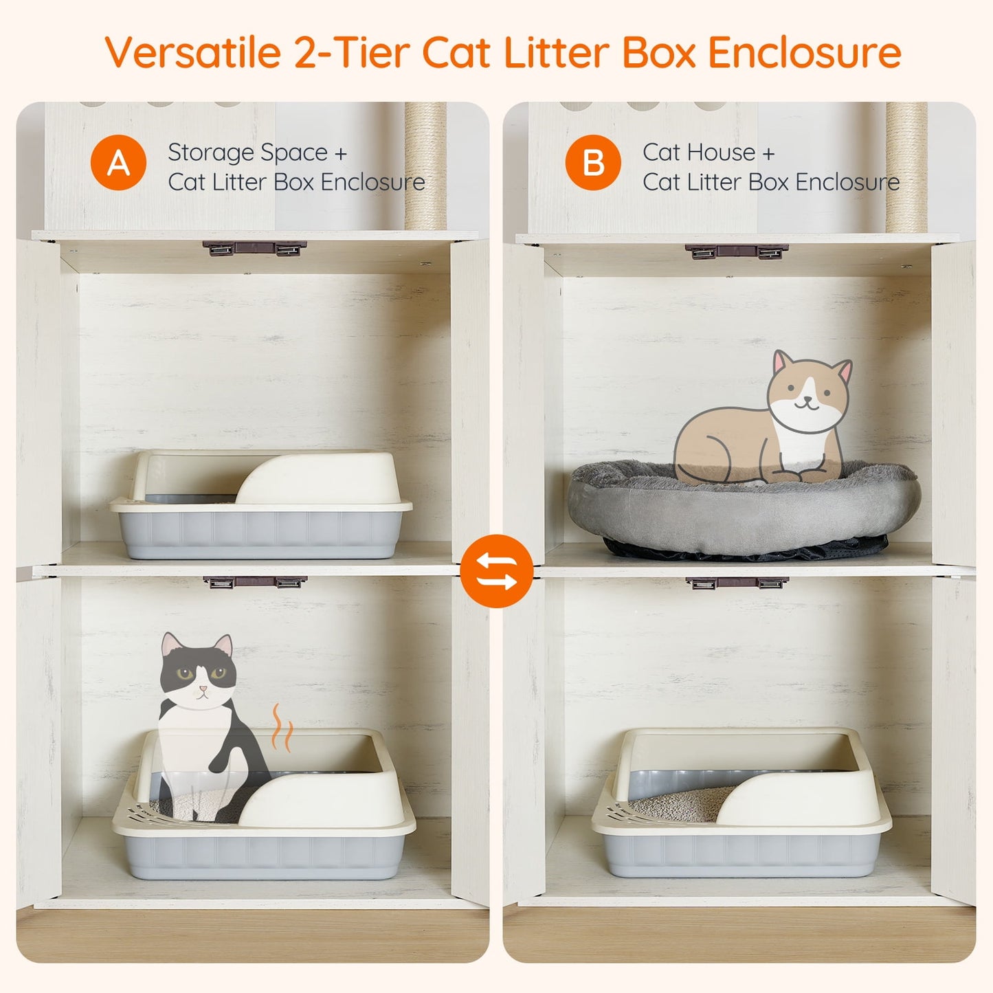 Versatile 2-tier cat litter box enclosure with storage space and cat house options.
