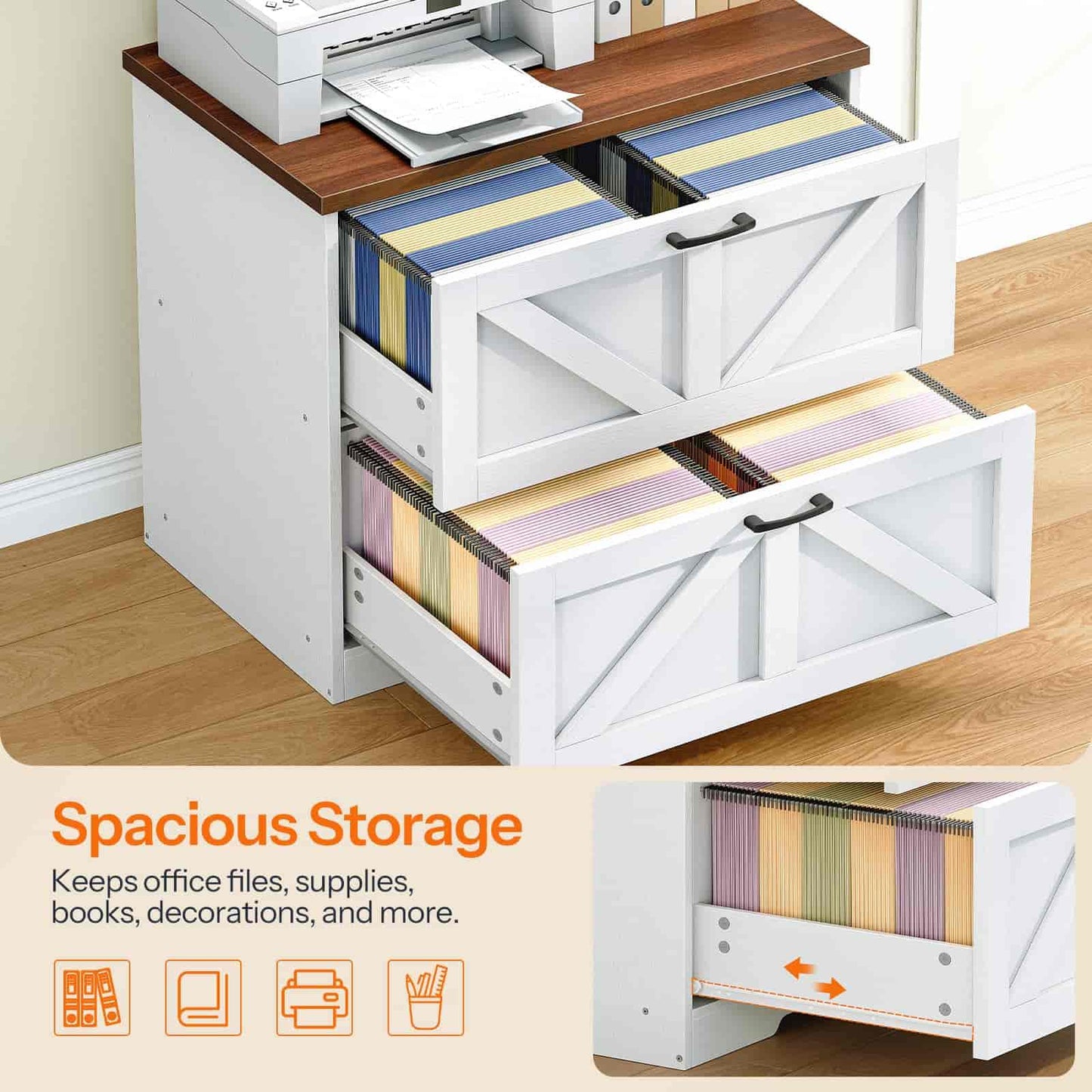 White storage cabinet with open drawers on a wooden floor, with text 'Spacious Storage' and icons below.