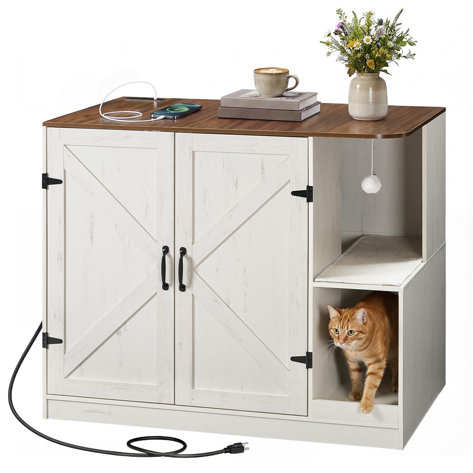 White cabinet with wooden top, cat peeking out from a shelf, and a cup and flowers on the top.