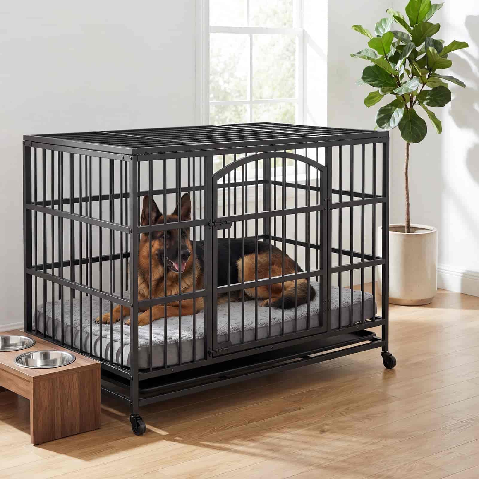 Dog in a large black metal crate inside a home setting with a plant and pet bowls.