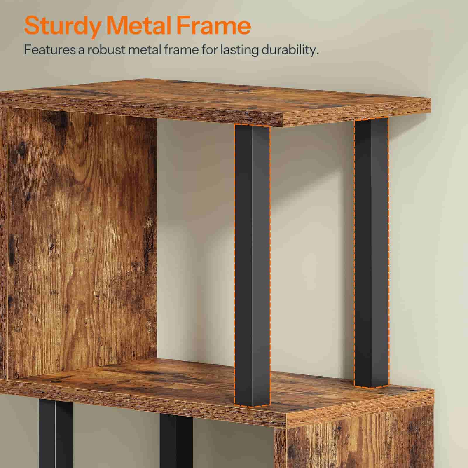 Wooden shelf with black metal legs on a plain background
