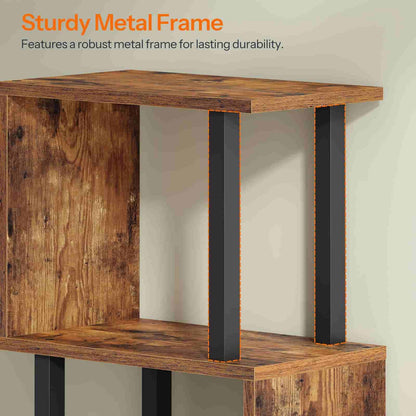 Wooden shelf with black metal legs on a plain background