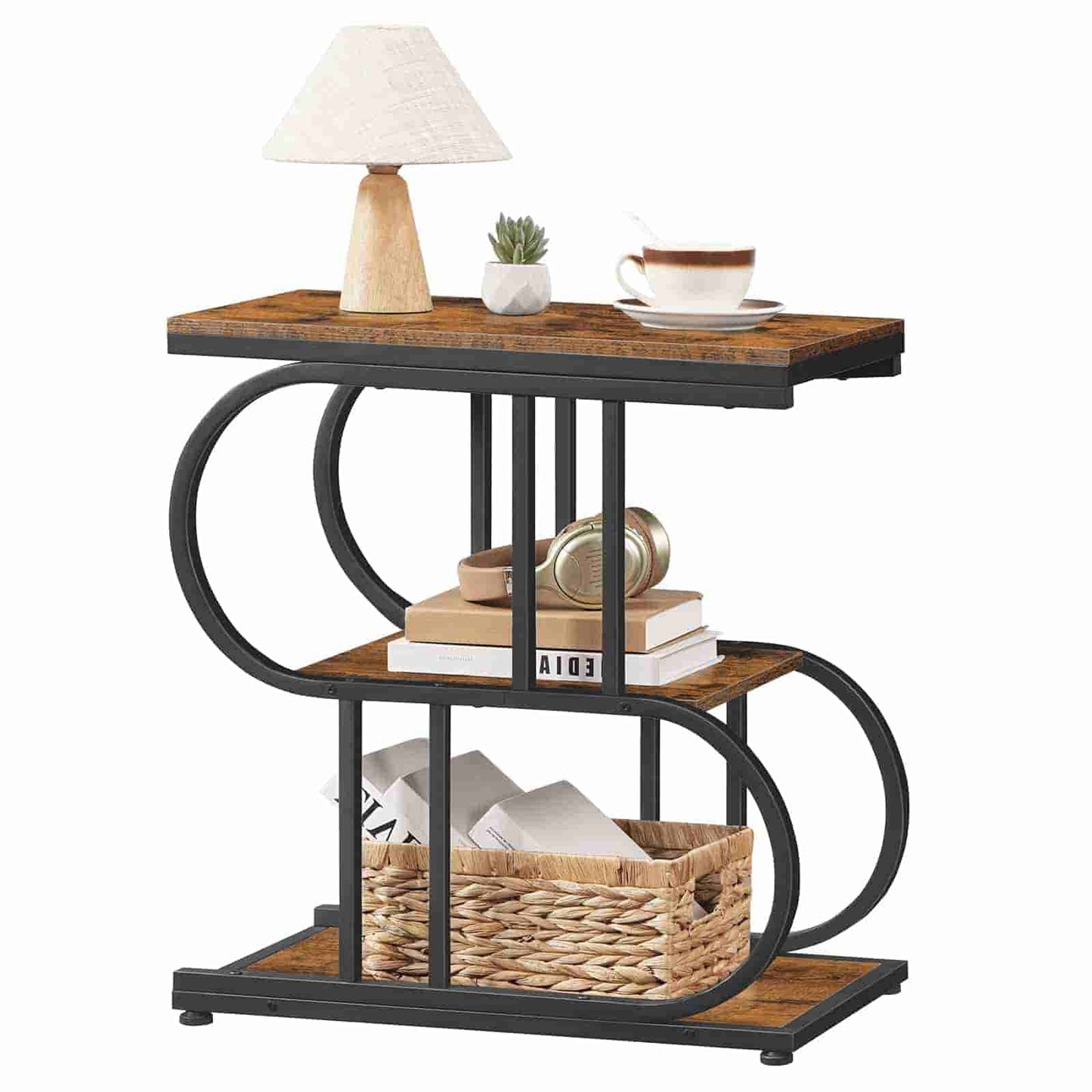 Three-tiered side table with wooden top and metal frame, featuring a lamp, books, and a basket.