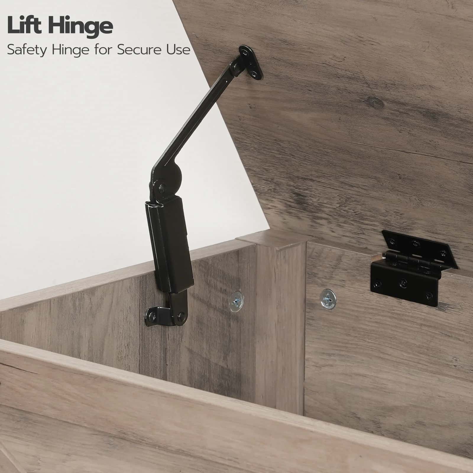 Lift hinge safety device on a wooden surface with 'Lift Hinge' text.