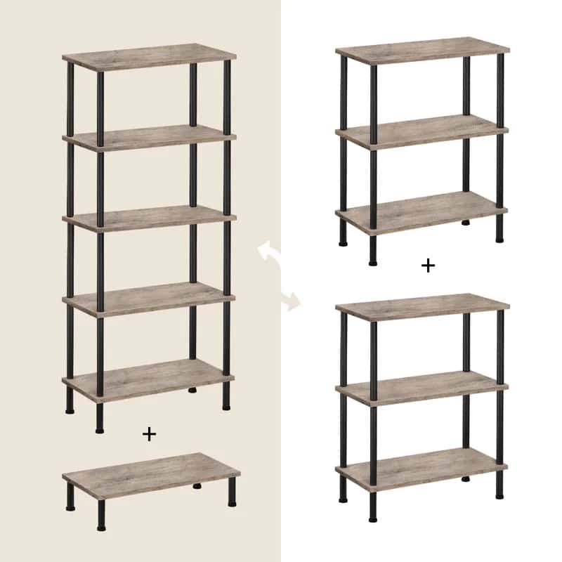 Set of four wooden shelves with metal frames on a beige background