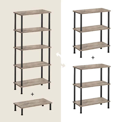 Set of four wooden shelves with metal frames on a beige background
