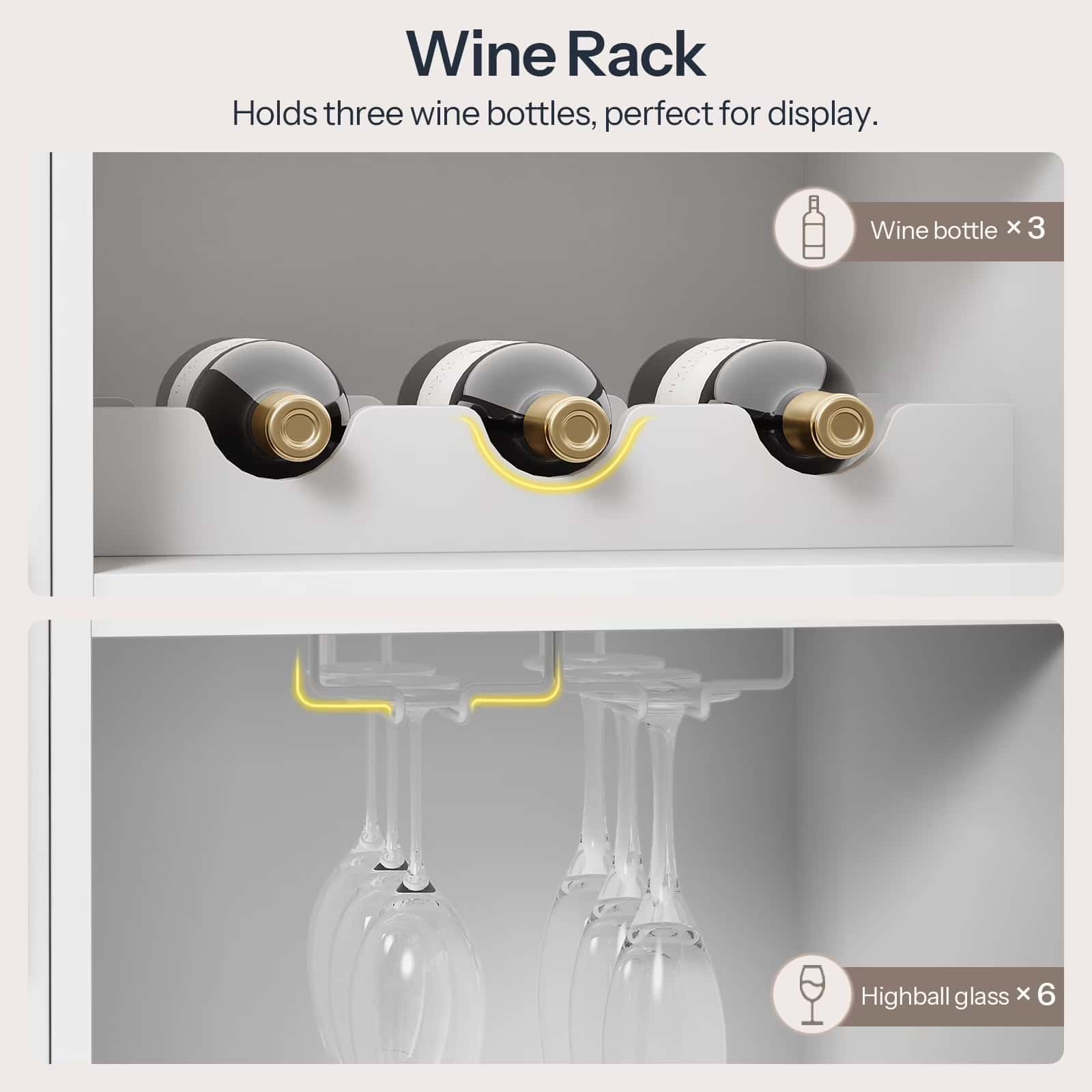 Wine rack holding three wine bottles and six highball glasses on a gray background