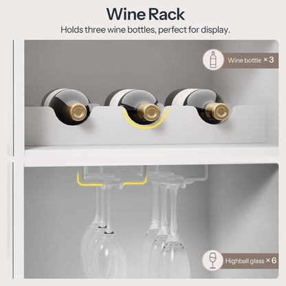 Wine rack holding three wine bottles and six highball glasses on a gray background