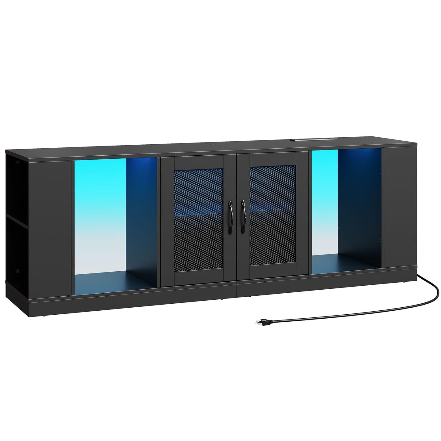 Black entertainment console with blue LED lights on a white background
