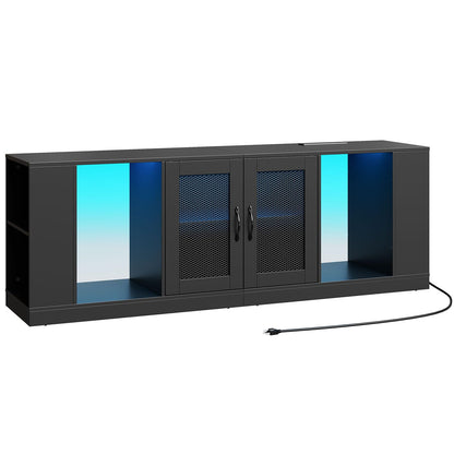 Black entertainment console with blue LED lights on a white background
