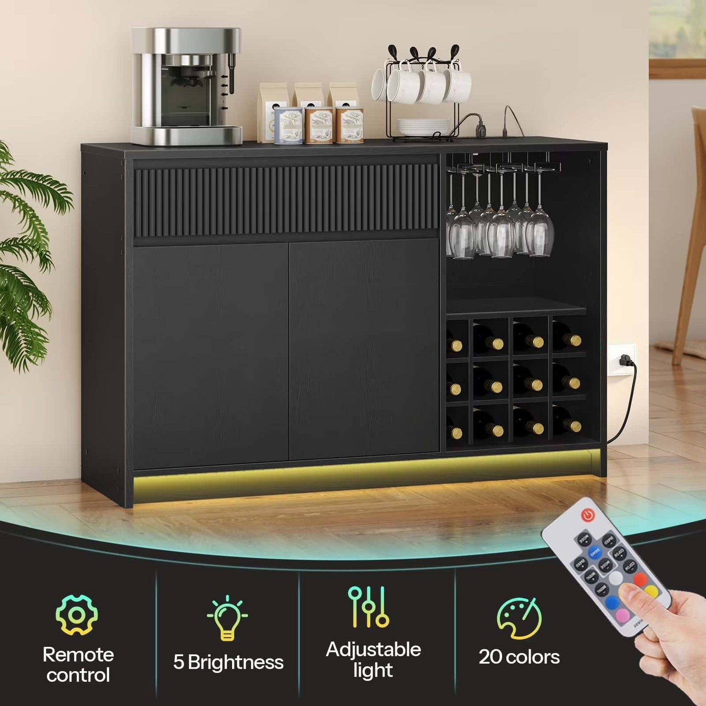 Black bar cabinet with wine storage, coffee machine, and remote control features.