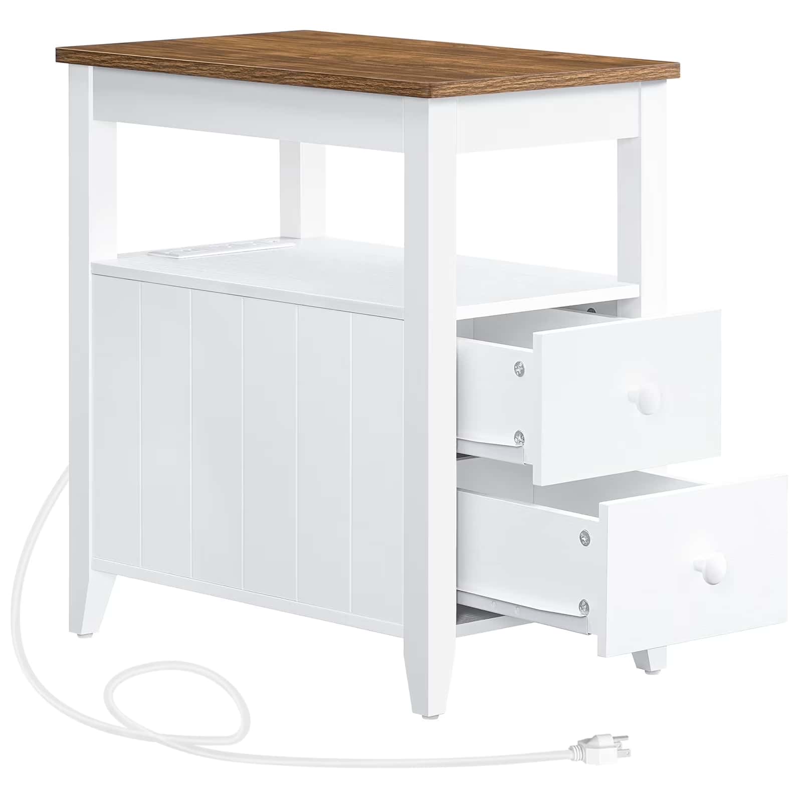 White kitchen island with wooden top and drawers on a white background