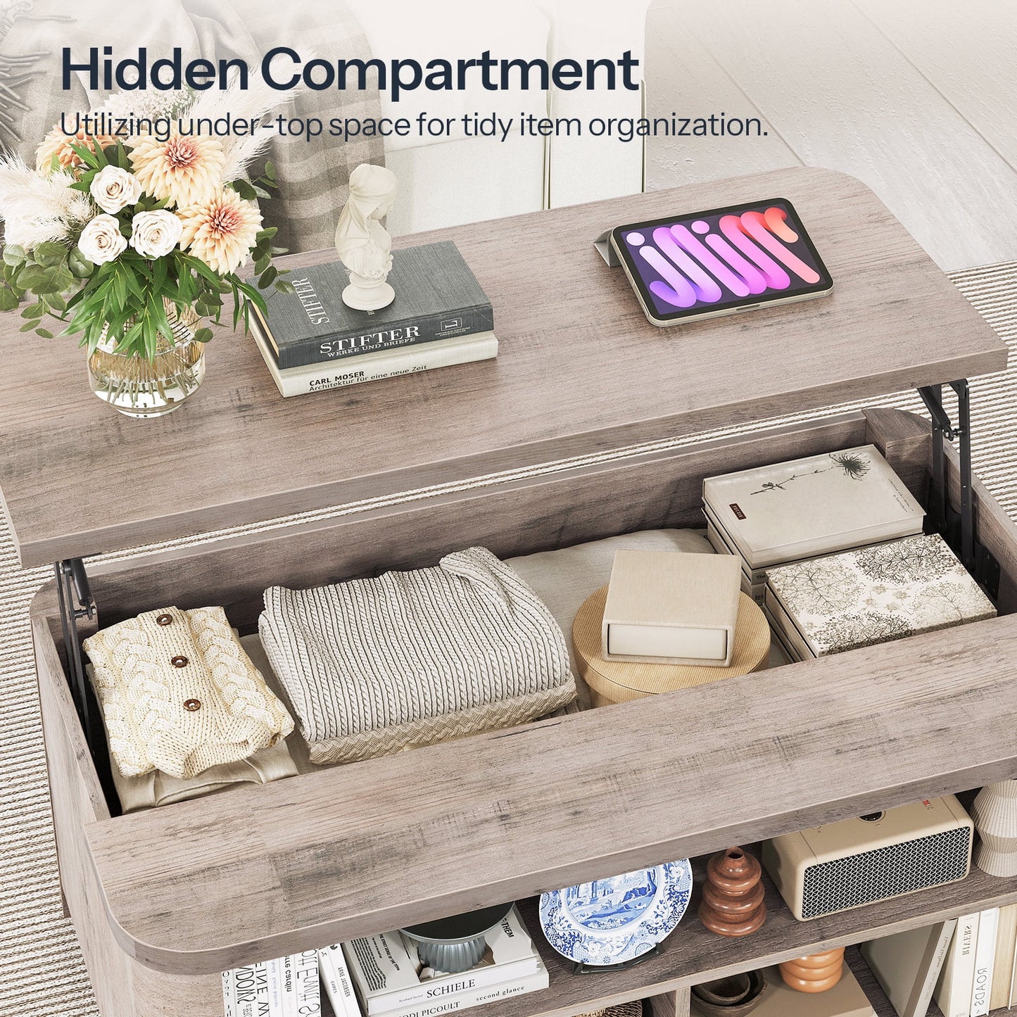 HOOBRO Lift-Top Coffee Table & Storage Coffee Table with Shelves