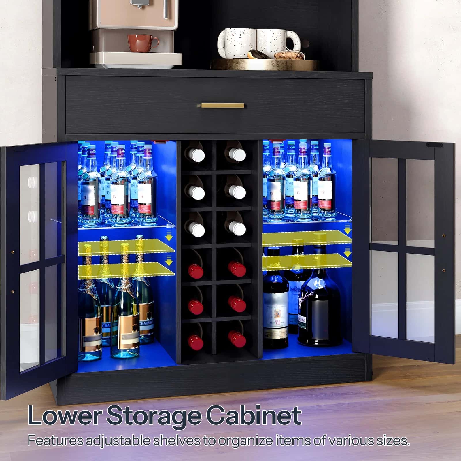 Black storage cabinet with open doors displaying bottles and adjustable shelves.