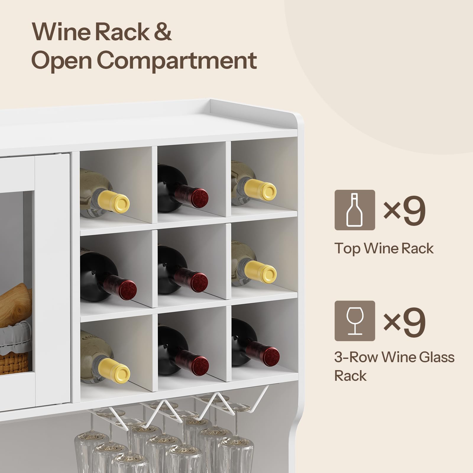White wine rack with bottles and glasses on a neutral background