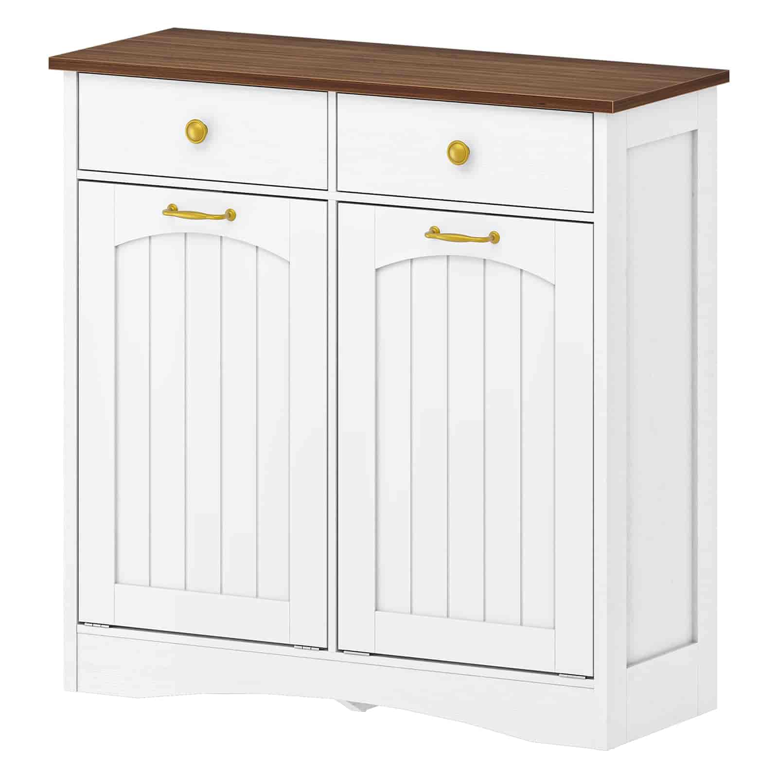White cabinet with two doors and a drawer on a white background