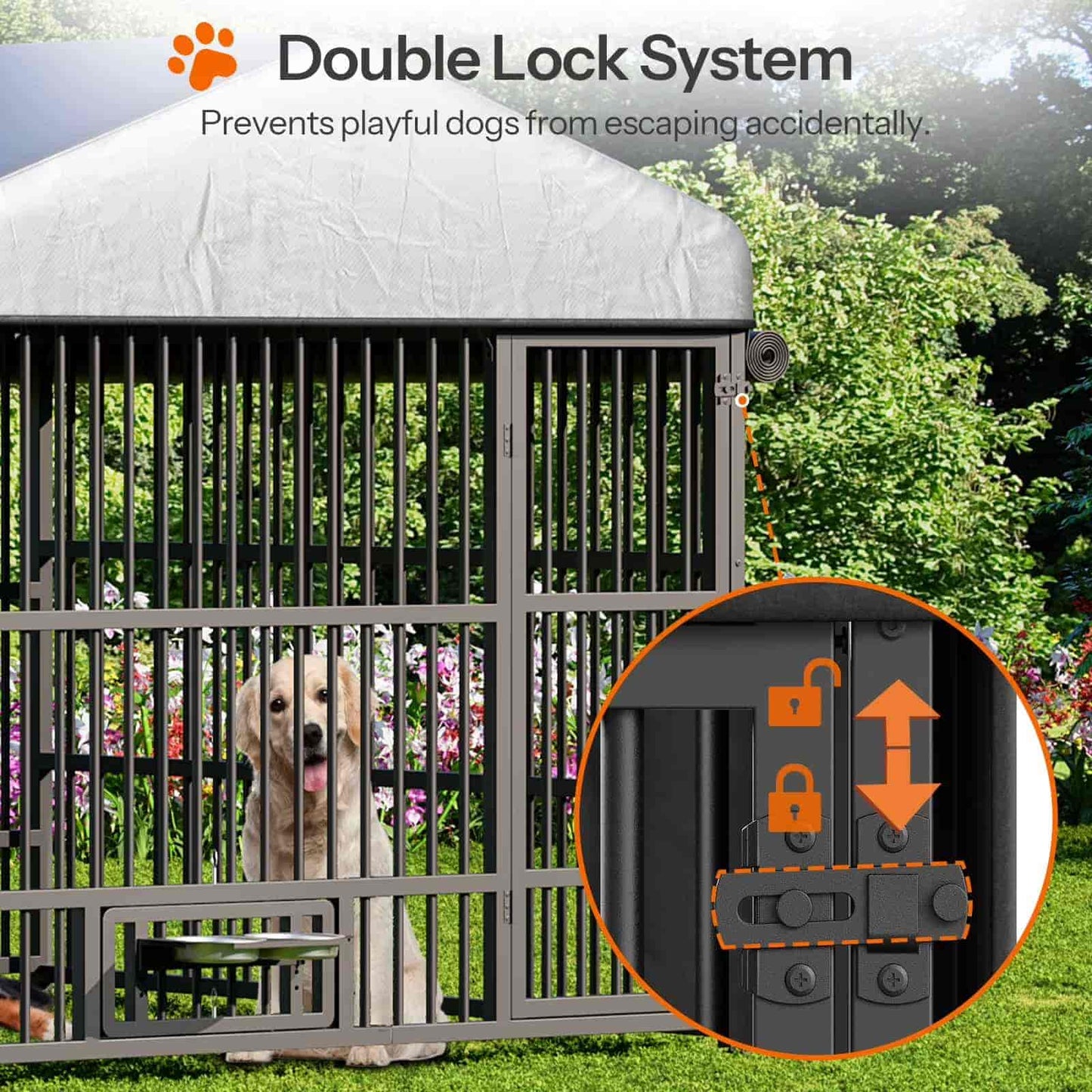 Dog kennel with double lock system feature, showing a dog inside and close-up of locks.