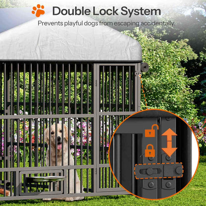Dog kennel with double lock system feature, showing a dog inside and close-up of locks.