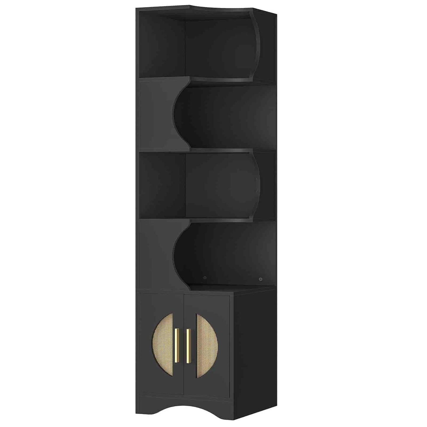 Black corner cabinet with a wooden door on a white background