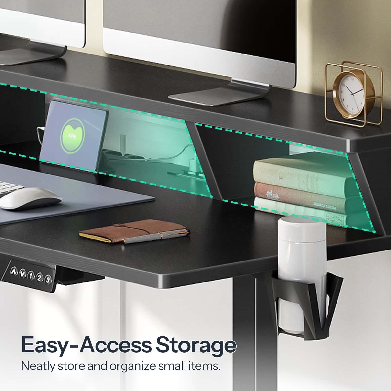 Modern black desk with easy-access storage compartments and a cup holder.
