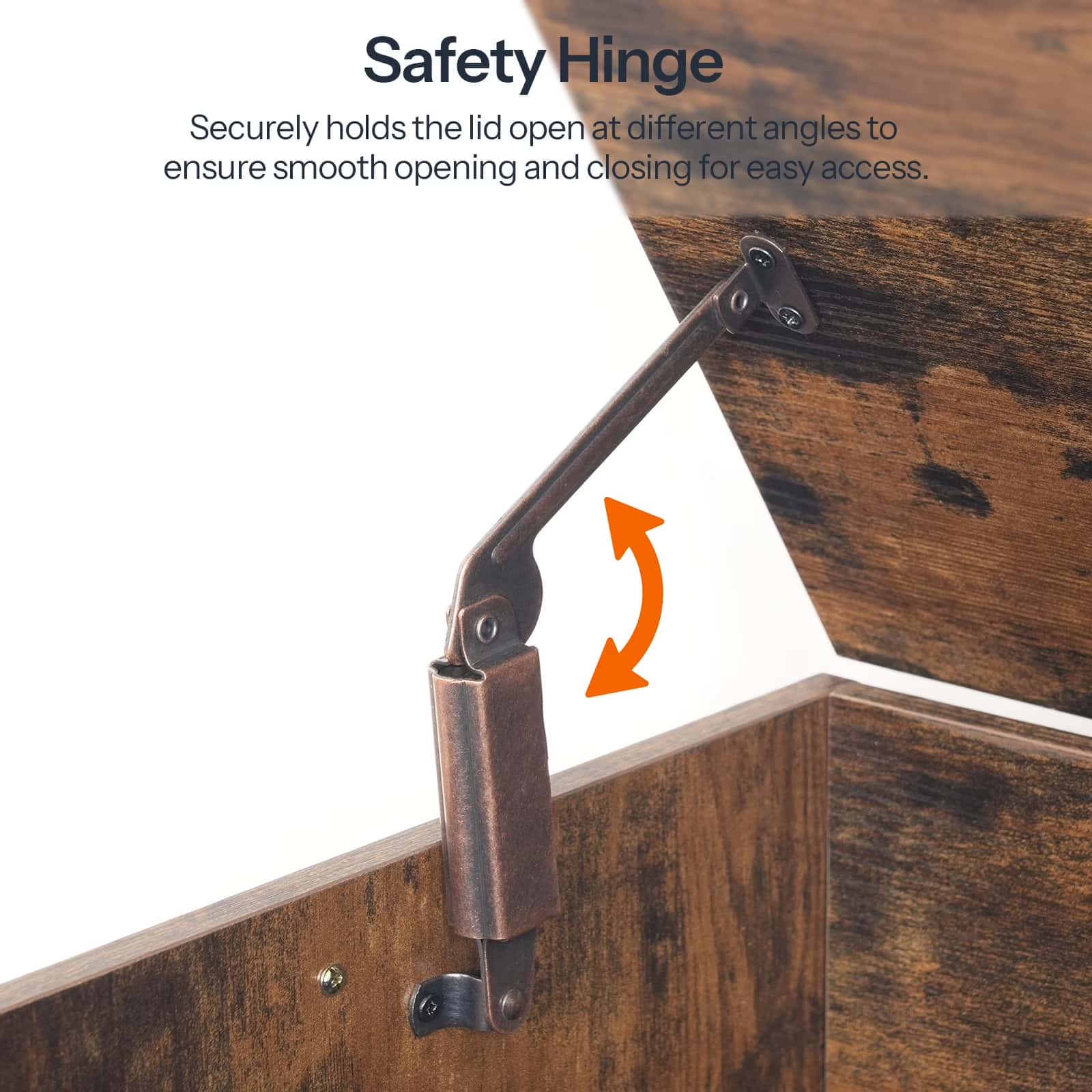 Wooden box with a safety hinge mechanism and text explaining its function.