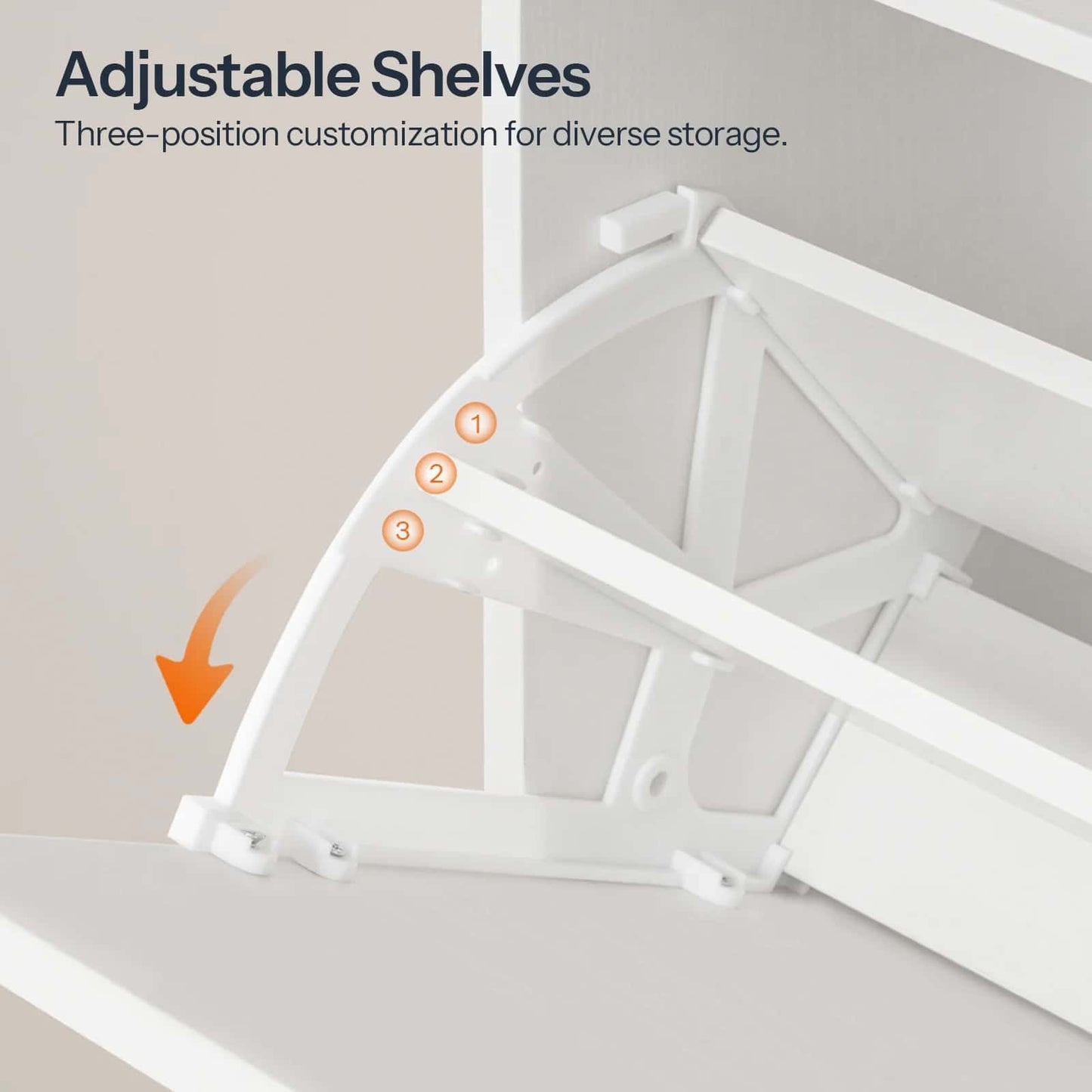 White adjustable shelf system with customizable positions on a neutral background
