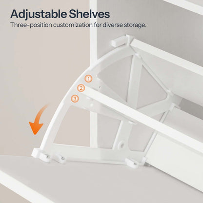 White adjustable shelf system with customizable positions on a neutral background