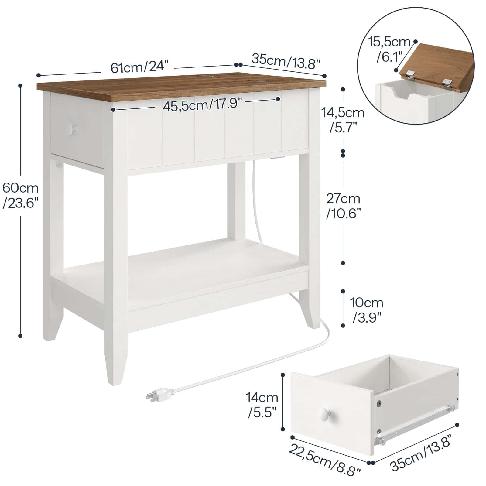 White desk with wooden top and dimensions labeled on a white background