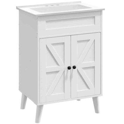 White bathroom vanity with two doors and a sink on a white background
