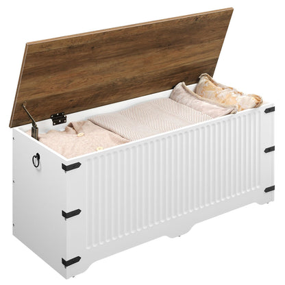 White storage bench with wooden lid containing beige cushions on a white background