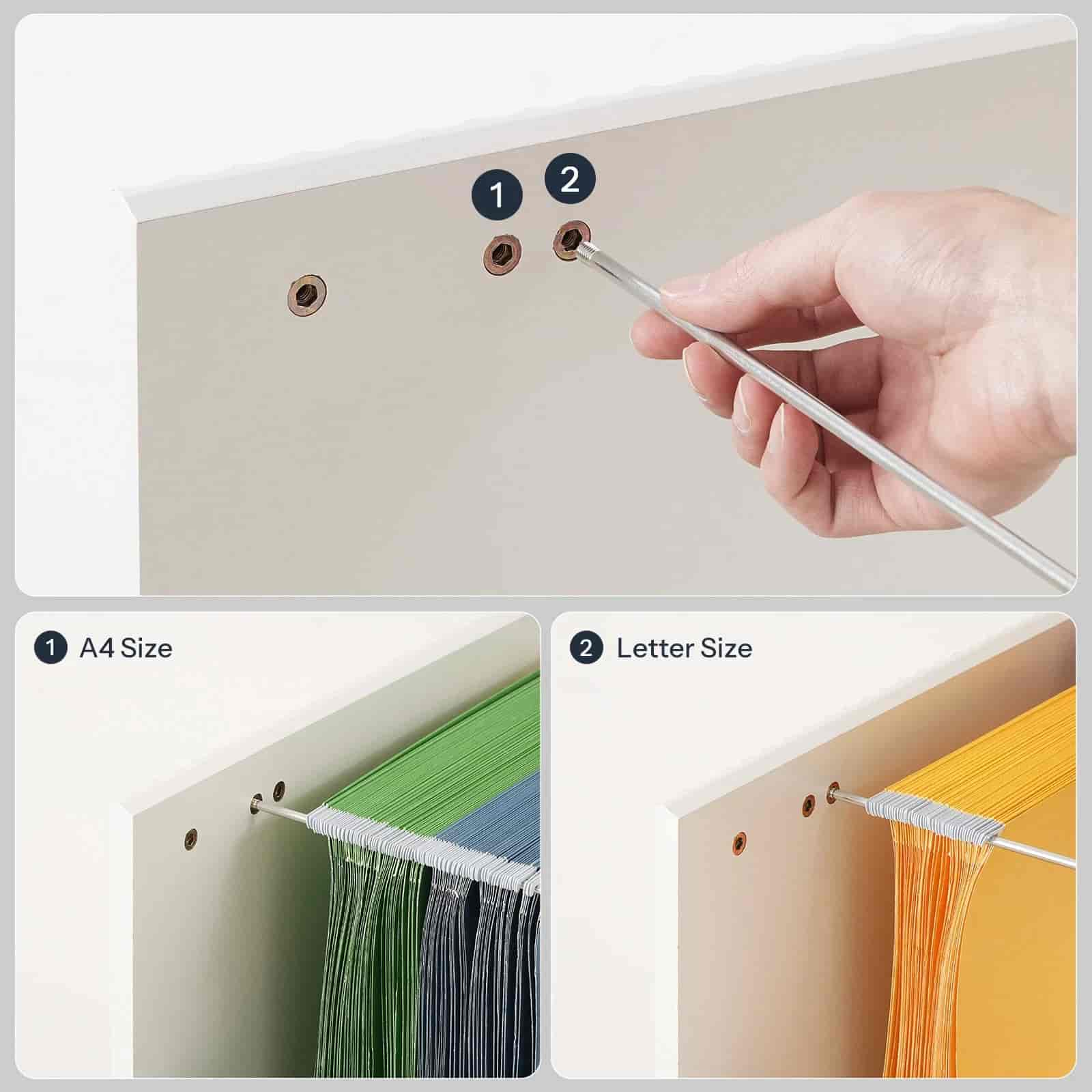 Step-by-step guide on how to install a file cabinet with A4 and Letter size options.