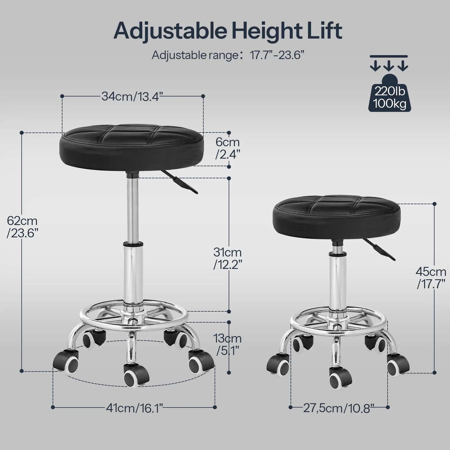 Adjustable height lift stool with dimensions and weight capacity on a gray background
