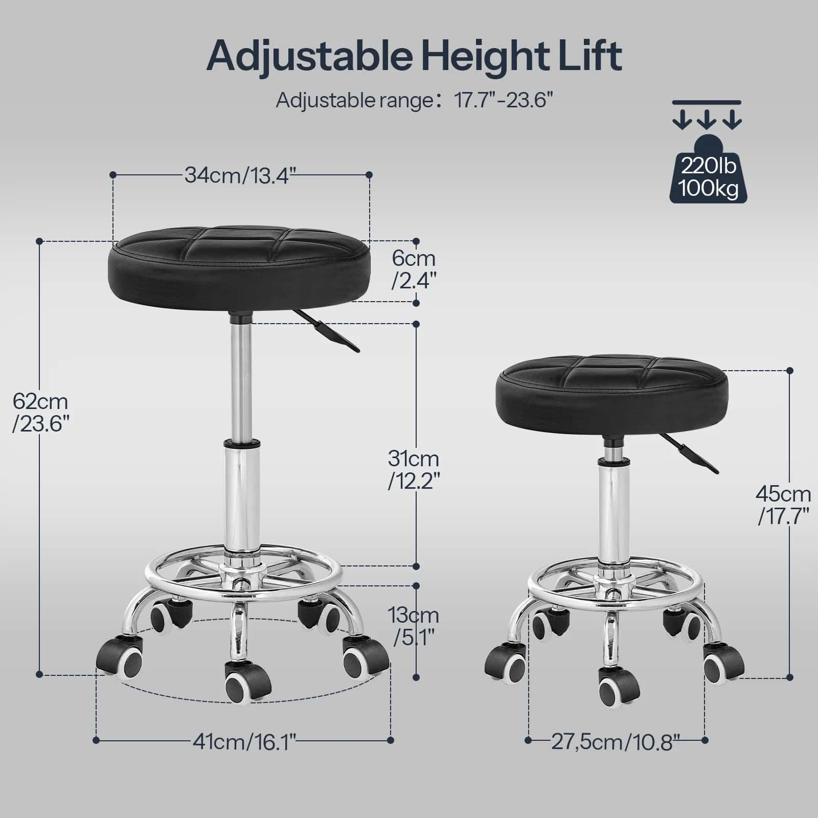 Adjustable height lift stool with dimensions and weight capacity on a gray background