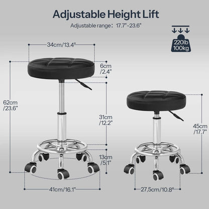 Adjustable height lift stool with dimensions and weight capacity on a gray background
