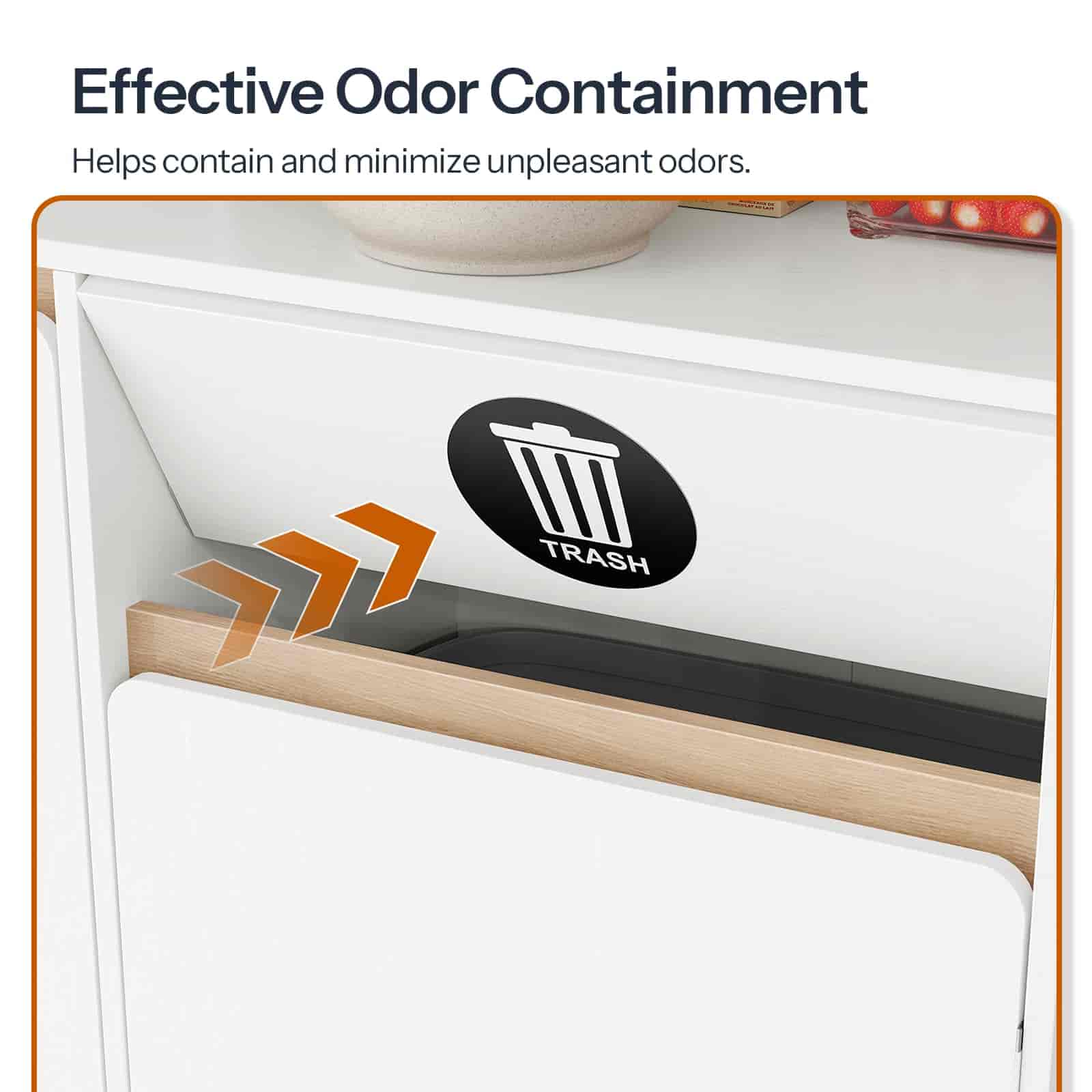 Garbage disposal unit with a 'trash' label and arrows indicating odor containment.