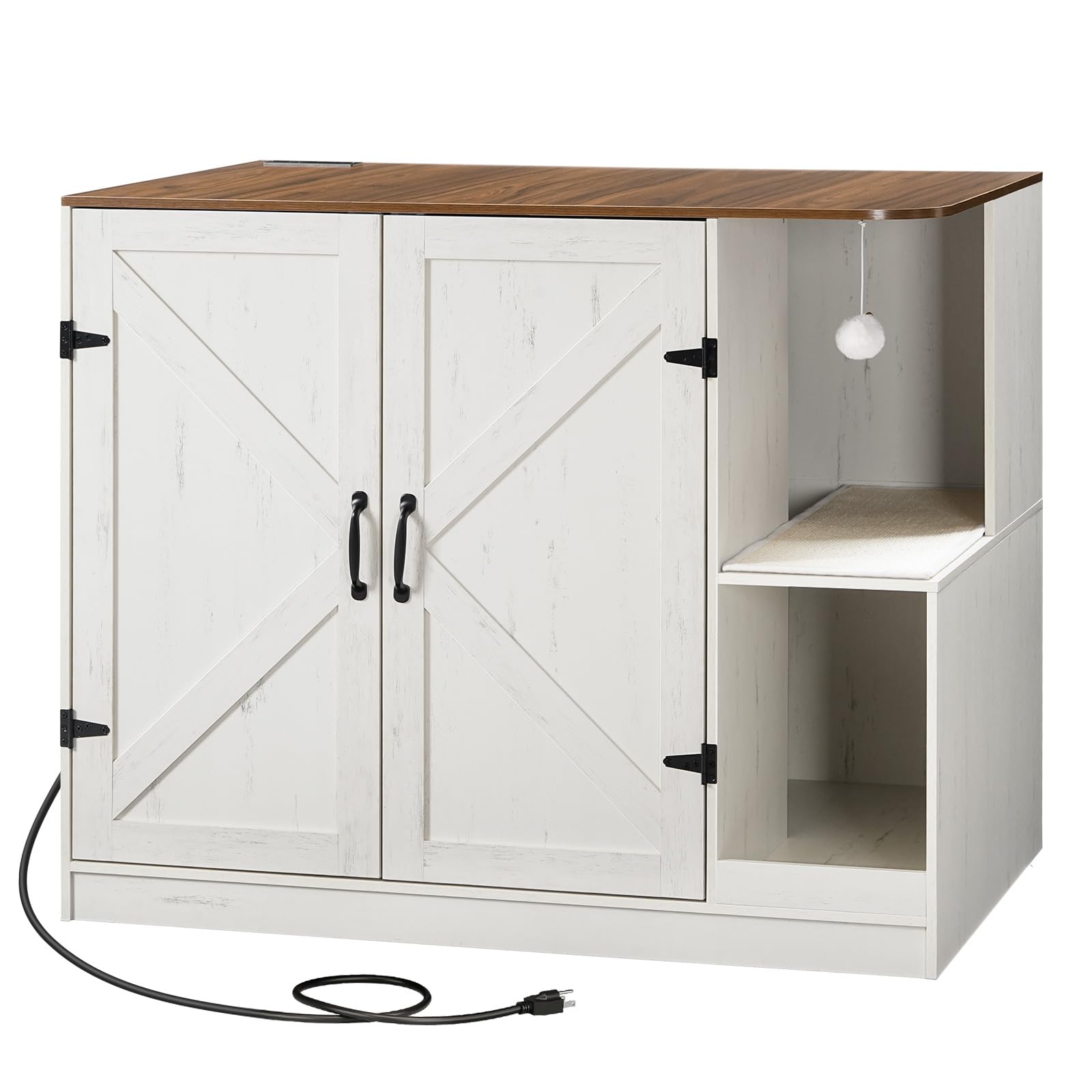 White cabinet with wooden top and black electrical cord on a white background