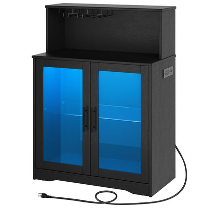 Black cabinet with blue glass doors on a white background