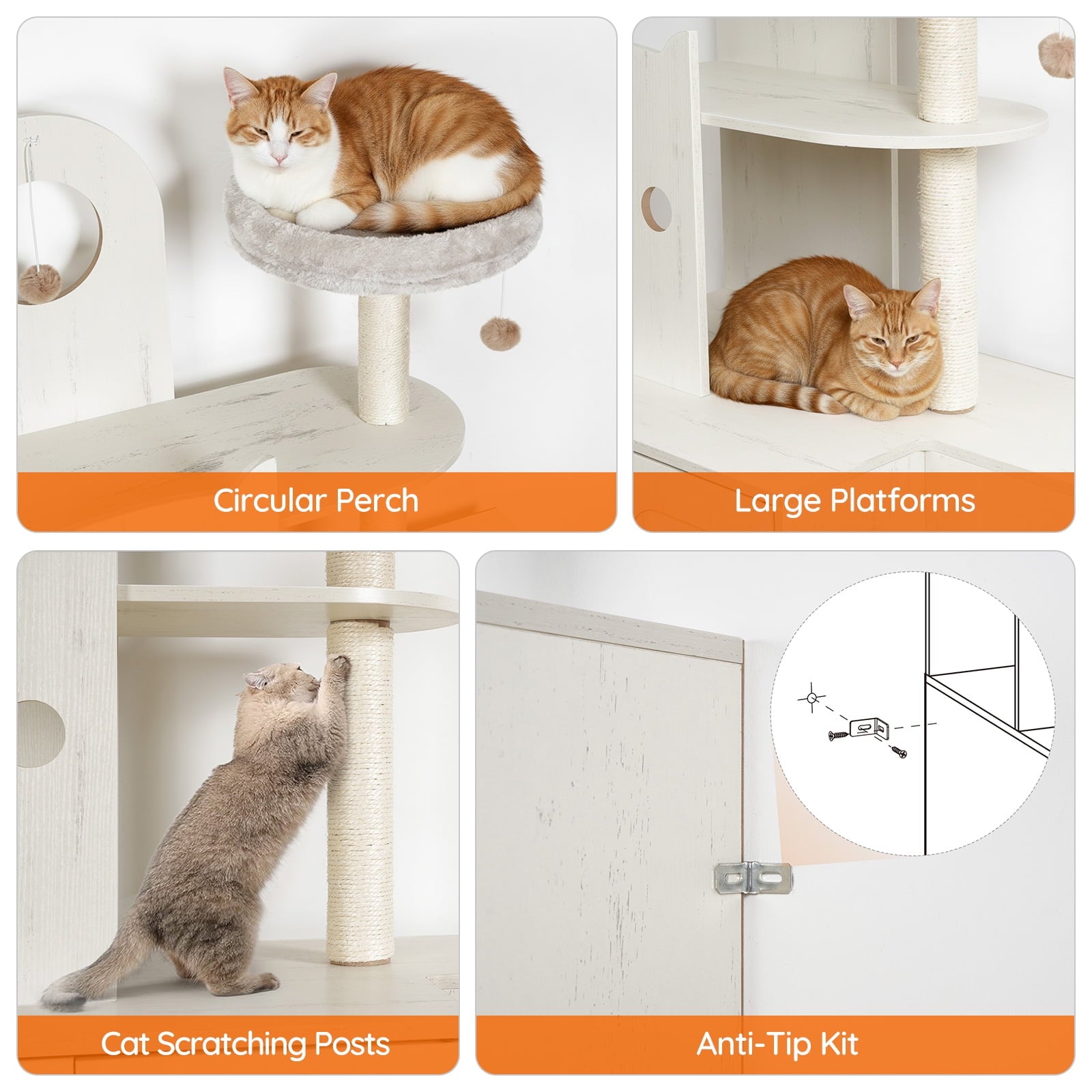 Cat tree with circular perch, large platforms, cat scratching post, and anti-tip kit features.