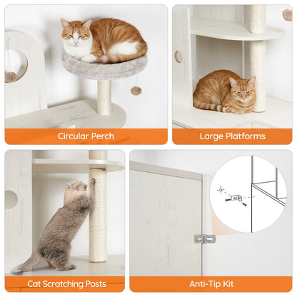Cat tree with circular perch, large platforms, cat scratching post, and anti-tip kit features.