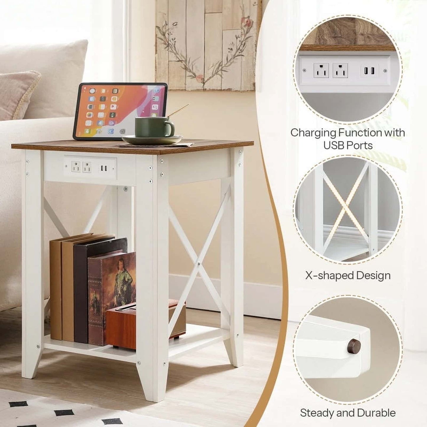 Side table with charging function, USB ports, X-shaped design, and steady durability features.