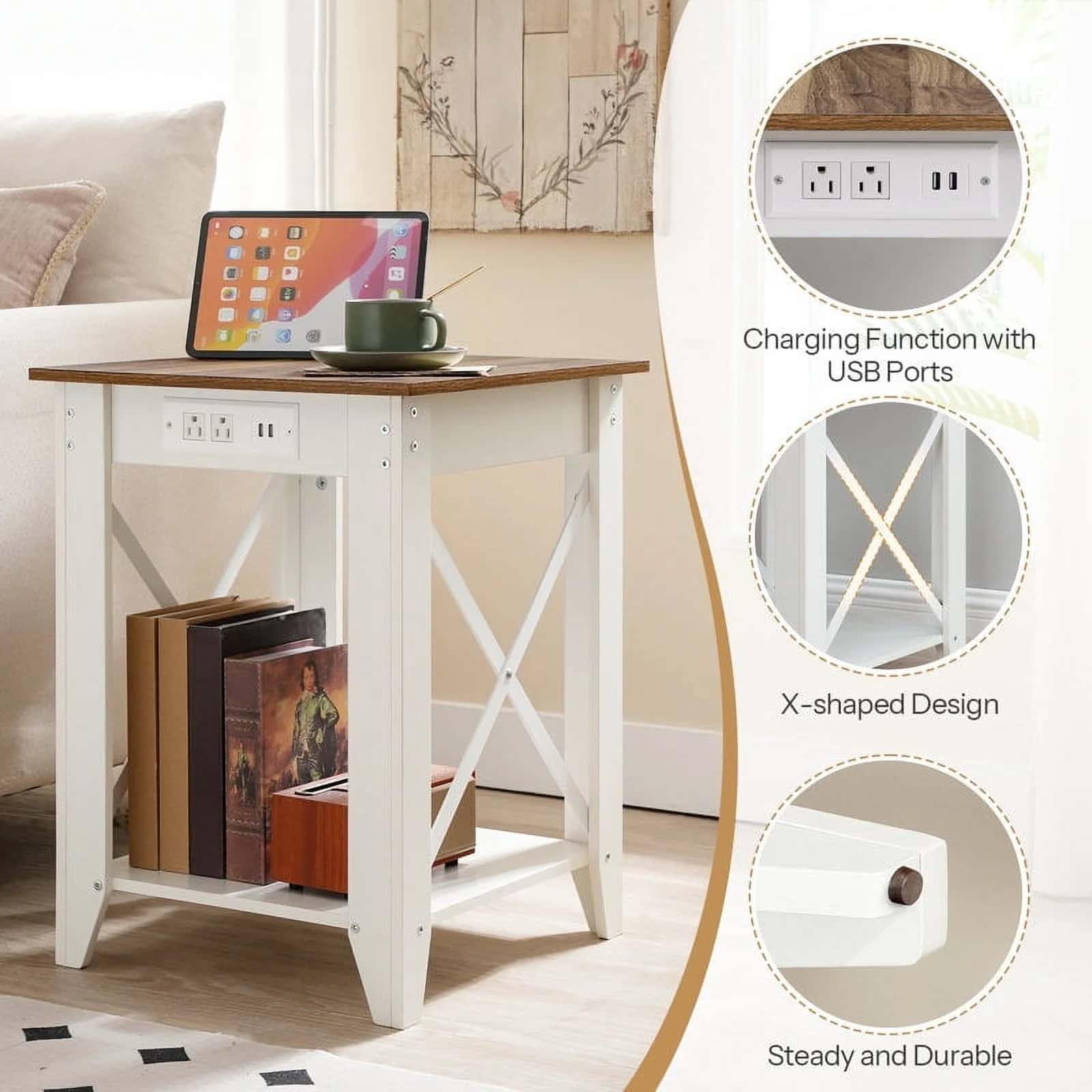 Side table with charging function, USB ports, X-shaped design, and steady durability features.